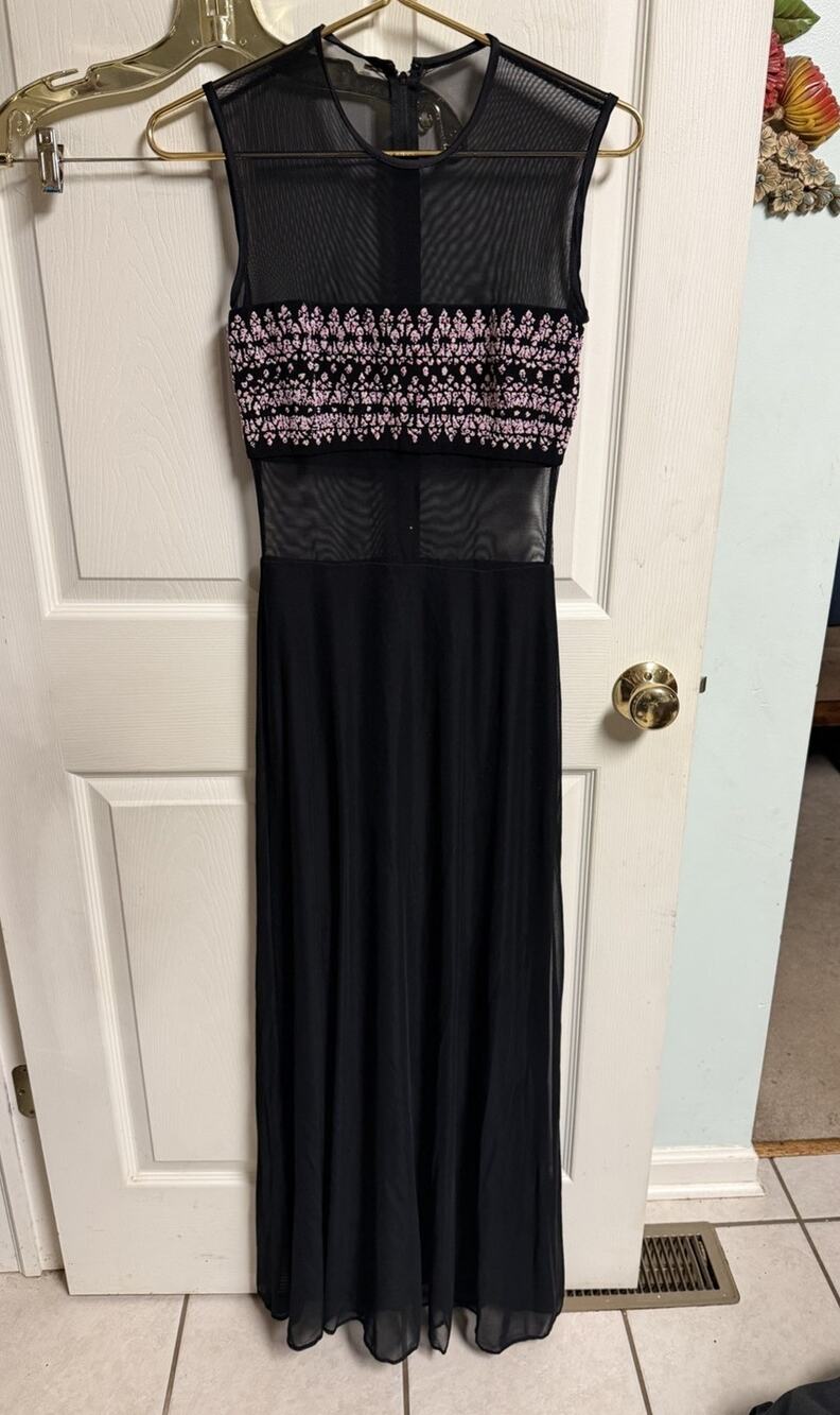 90s Y2k Cache Black Beaded Sheer Midriff Bodice Dress Stretch Xs 30x56 Sexy Vnt